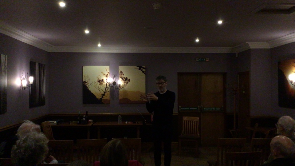 Robin McAlphine director of Common Weal, speaking at The Buchan Hotel, Ello title=